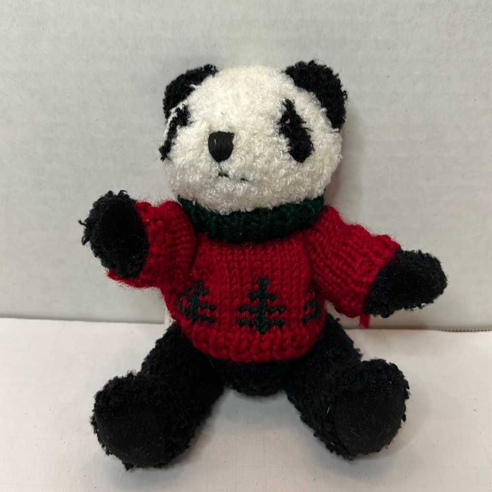 Vintage HugFun Holiday Christmas Jointed Panda Plush in Knit Sweater